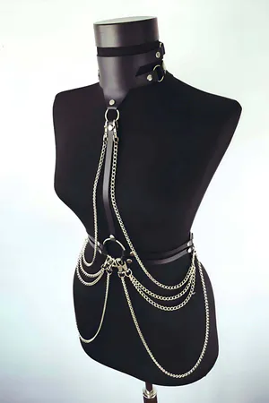 Black faux leather body harness with choker and silver chains