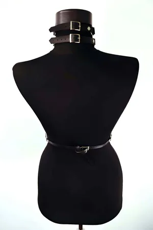 Black faux leather body harness with choker and silver chains