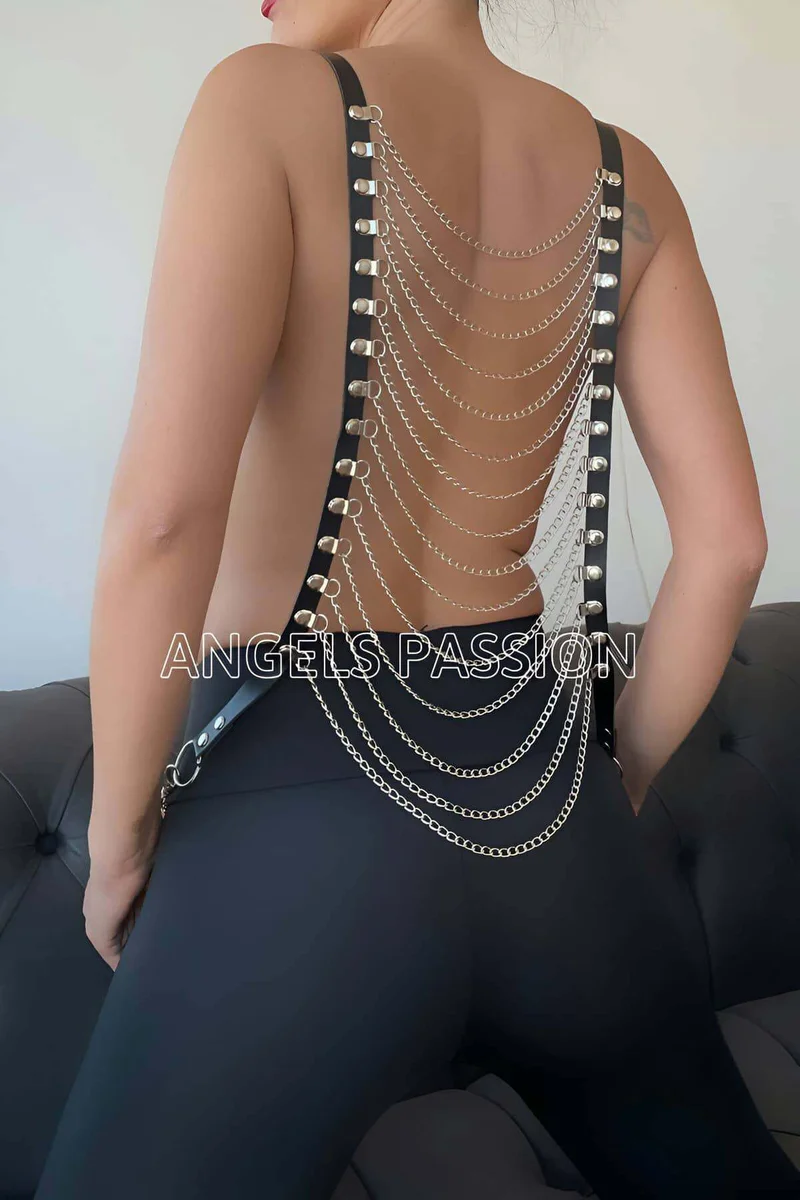 Black faux leather shoulder strap detail of chain harness