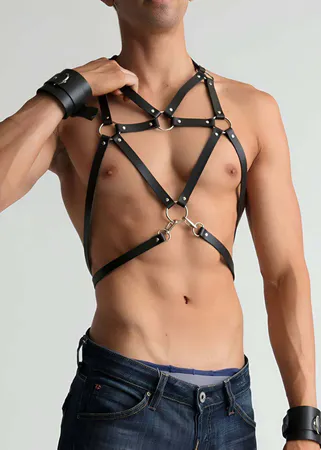 Black Faux Leather Chest Harness Starburst Design Adjustable Straps