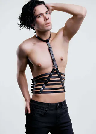 Black Faux Leather Caged Torso Harness O-Ring Detail Adjustable Buckles