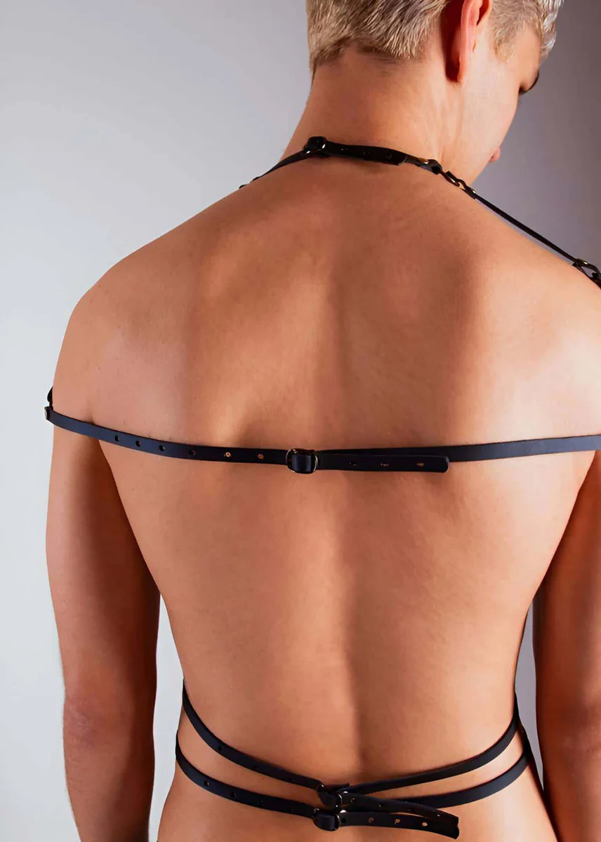 Black vegan leather body harness with