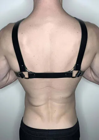 Black Faux Leather Chest Harness Men Adjustable Straps Silver O-Rings