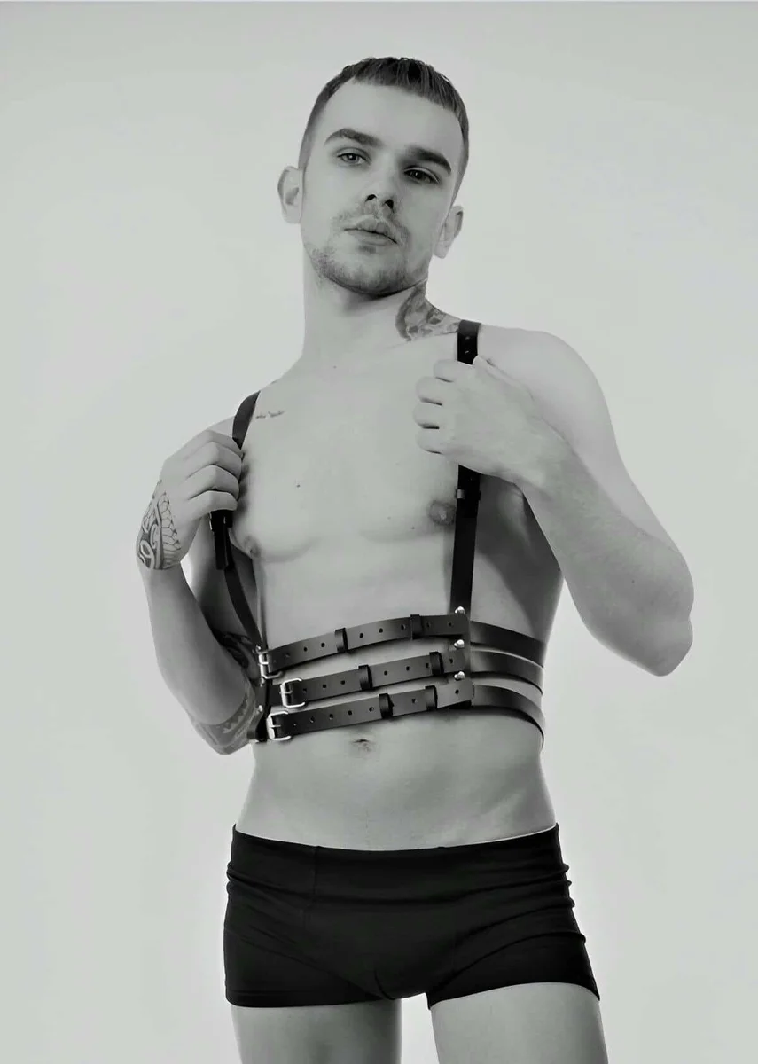 Black Faux Leather Chest Harness Front View Adjustable Straps
