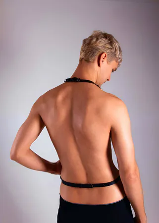 Black Faux Leather O-Ring Chest to Waist Harness Gold Hardware