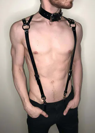 Black Faux Leather Back Harness and Choker Set Women with O-Rings