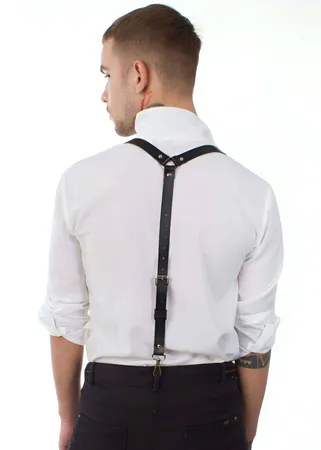 Black Vegan Leather Y-Back Shoulder Harness Men White Shirt