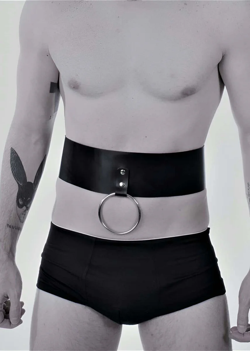 Wide Black Faux Leather Waist Belt with Large Silver O-Ring
