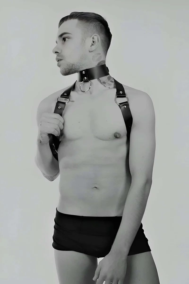 Black Faux Leather Harness Front View with