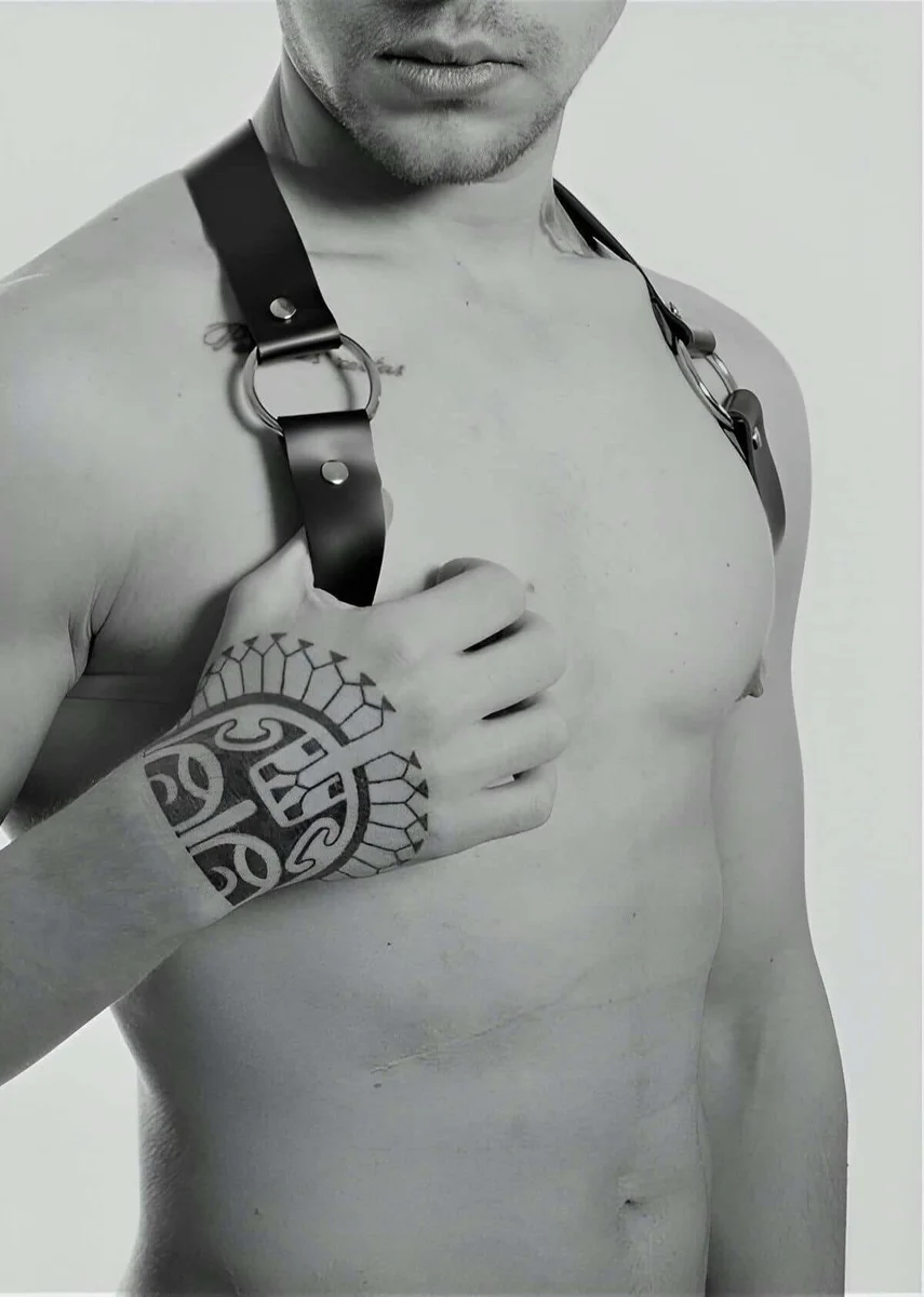 Black Faux Leather Shoulder Body Harness with Silver O-Rings