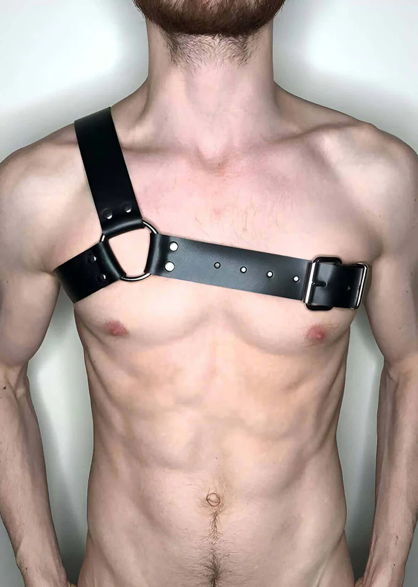 Black Faux Leather Asymmetric Chest Harness with Silver O-Ring on Model