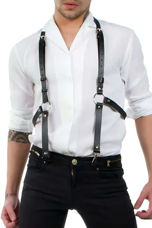 Black Faux Leather Body Harness for Trousers Adjustable Straps Silver Hardware