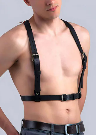 Black Faux Leather Chest Harness Adjustable Buckles Fashion Accessory