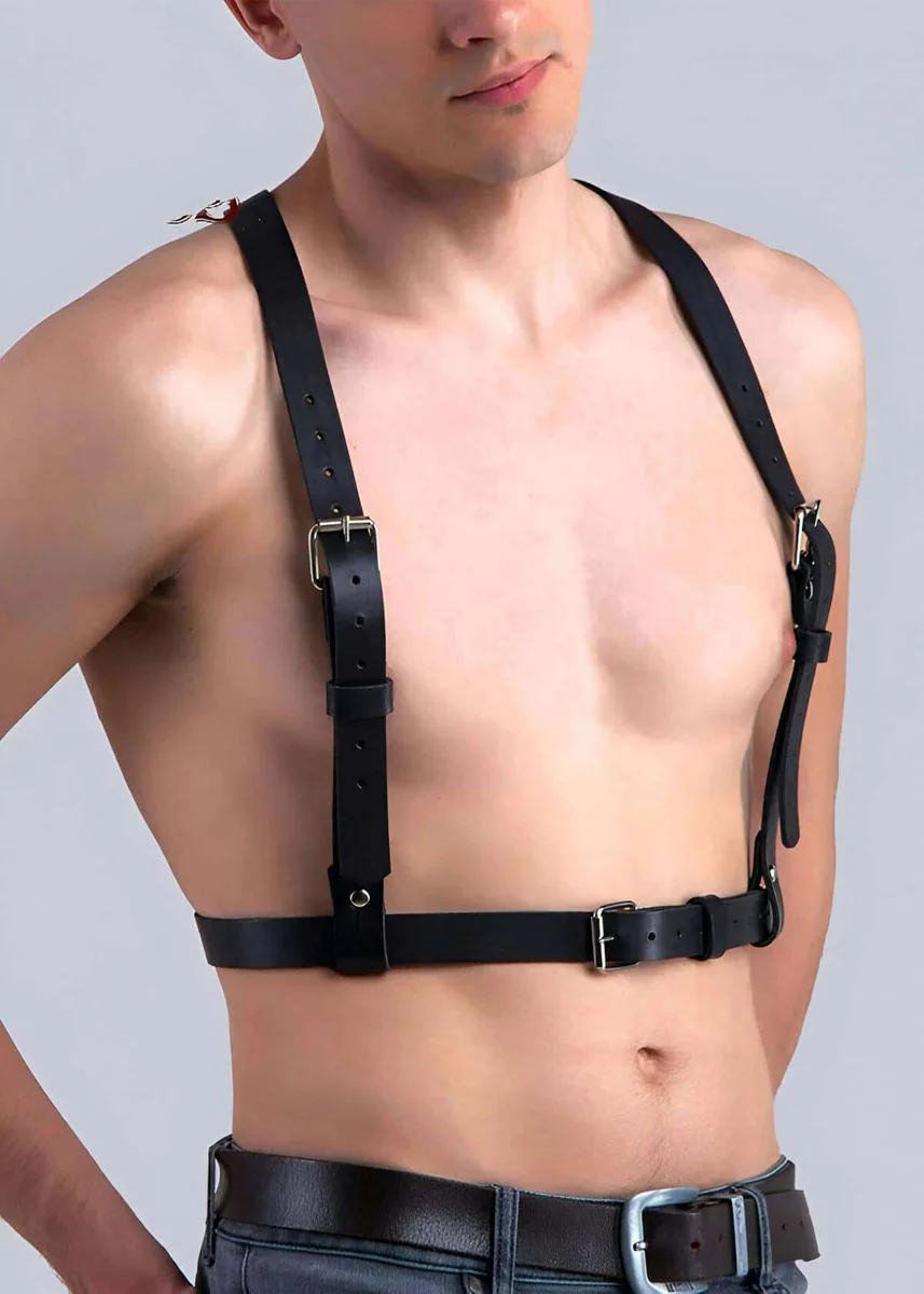 Black Faux Leather Chest Harness Adjustable Buckles Fashion Accessory
