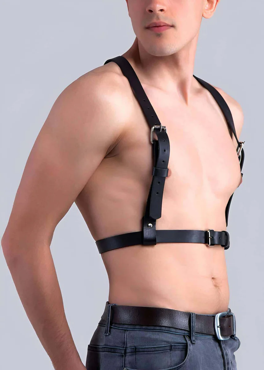 Black faux leather chest harness