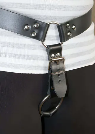 Black Faux Leather Waist Harness with Silver O-Ring and Thigh Strap