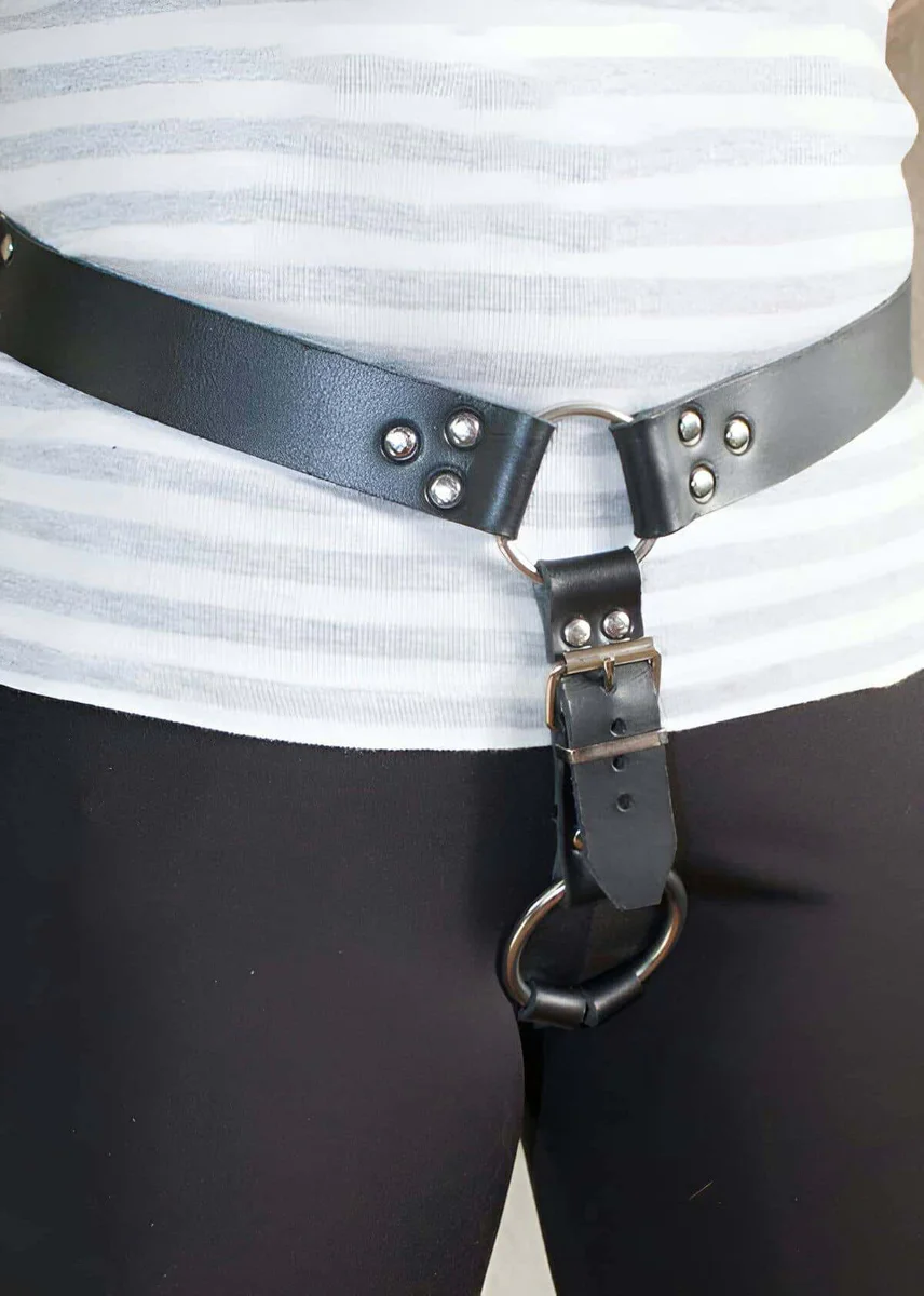 Black faux leather waist harness close