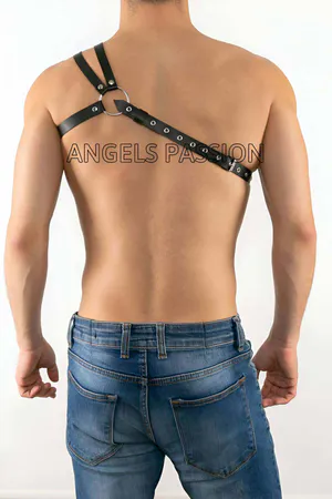 Black Faux Leather Asymmetric Chest Harness with Silver O-Ring on Man