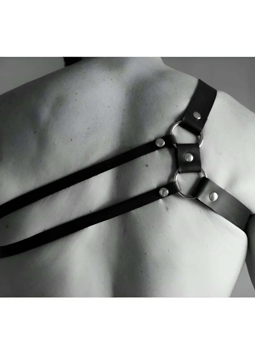Mens black faux leather chest harness close