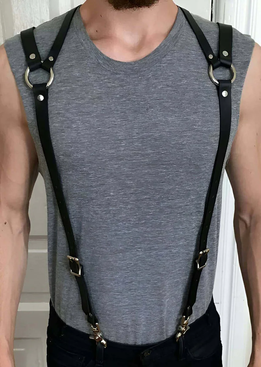 Faux Leather Body Harness Black worn on