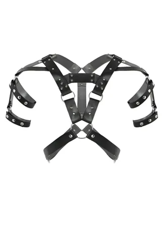 Black Faux Leather Chest Harness for Women Studded Shoulder Straps O-Ring