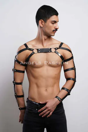 Black Faux Leather Chest Harness with Arm Straps O-Rings