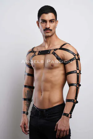 Black Faux Leather Chest Harness with Arm Straps O-Rings