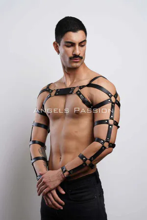 Black Faux Leather Chest Harness with Arm Straps O-Rings