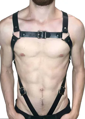 Black Faux Leather Chest Harness Men Adjustable Buckle Straps