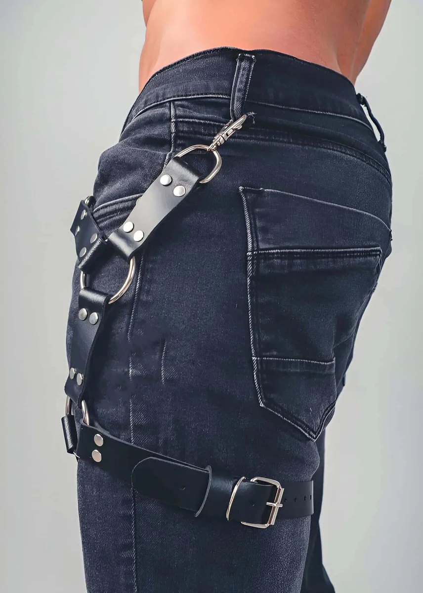 Black Faux Leather Thigh Harness Close