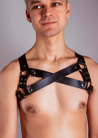 Black Faux Leather Chest Harness Adjustable X-Strap Silver O-Ring