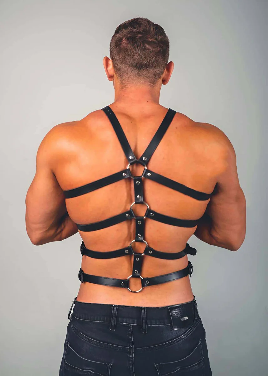 Black Vegan Leather Body Harness Rear View with