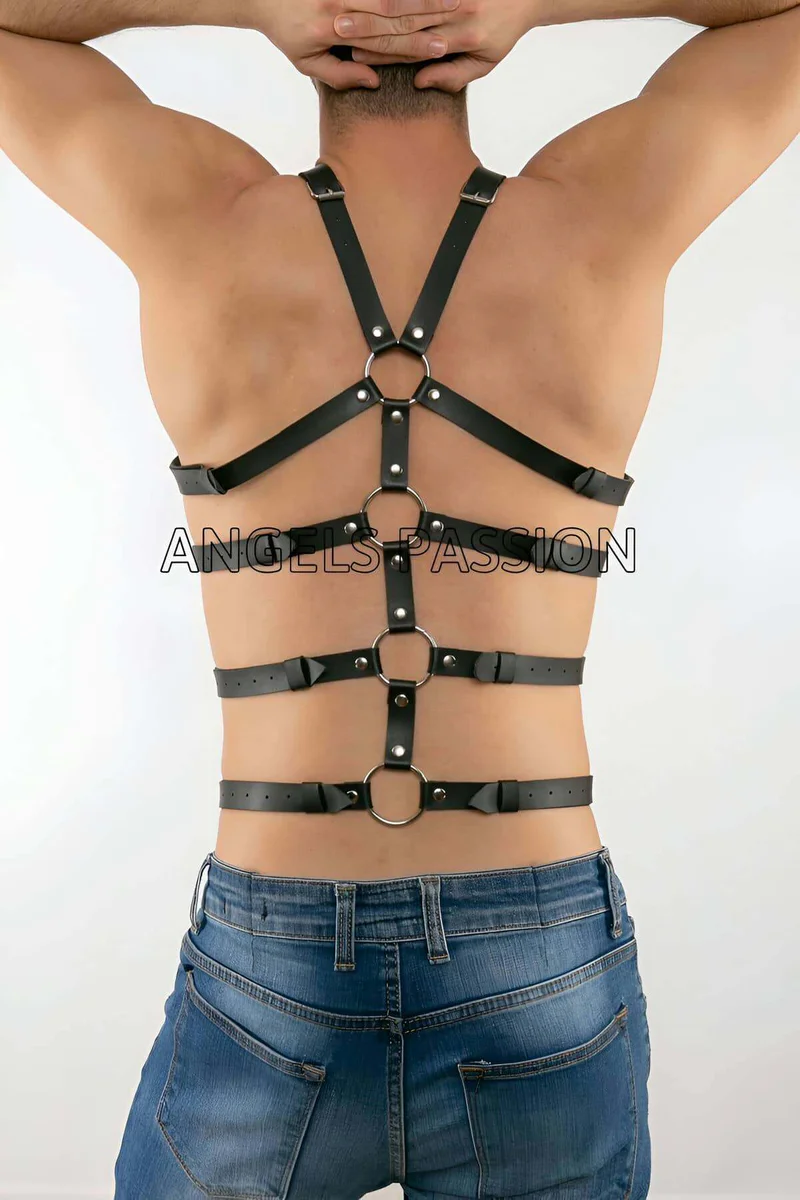 Black vegan leather body harness with many