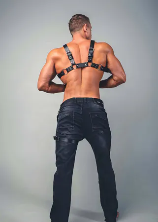 Black Faux Leather Chest Harness Women Adjustable Straps O-Ring
