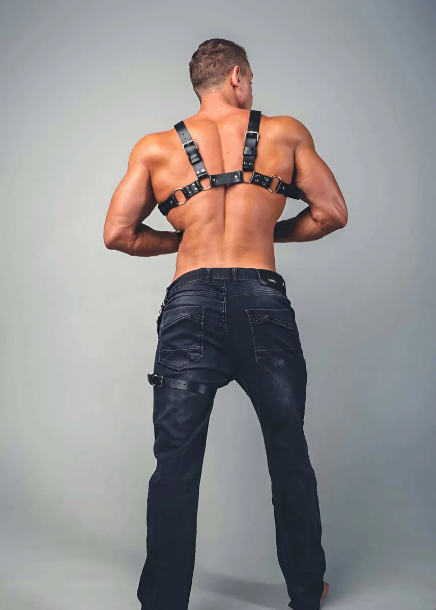 Black Vegan Leather Chest Harness Back View