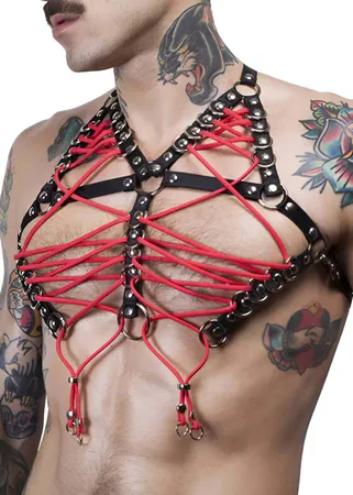 Erkek Kırmızı İp Örgülü Harness Siyah Deri Şeritli Metal O-Ring Aksesuar