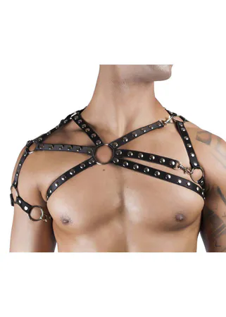 Black Faux Leather Cross-Strap Chest Harness Men Central O-Ring Hardware