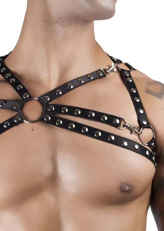 Black Faux Leather Cross-Strap Chest Harness Men Central O-Ring Hardware