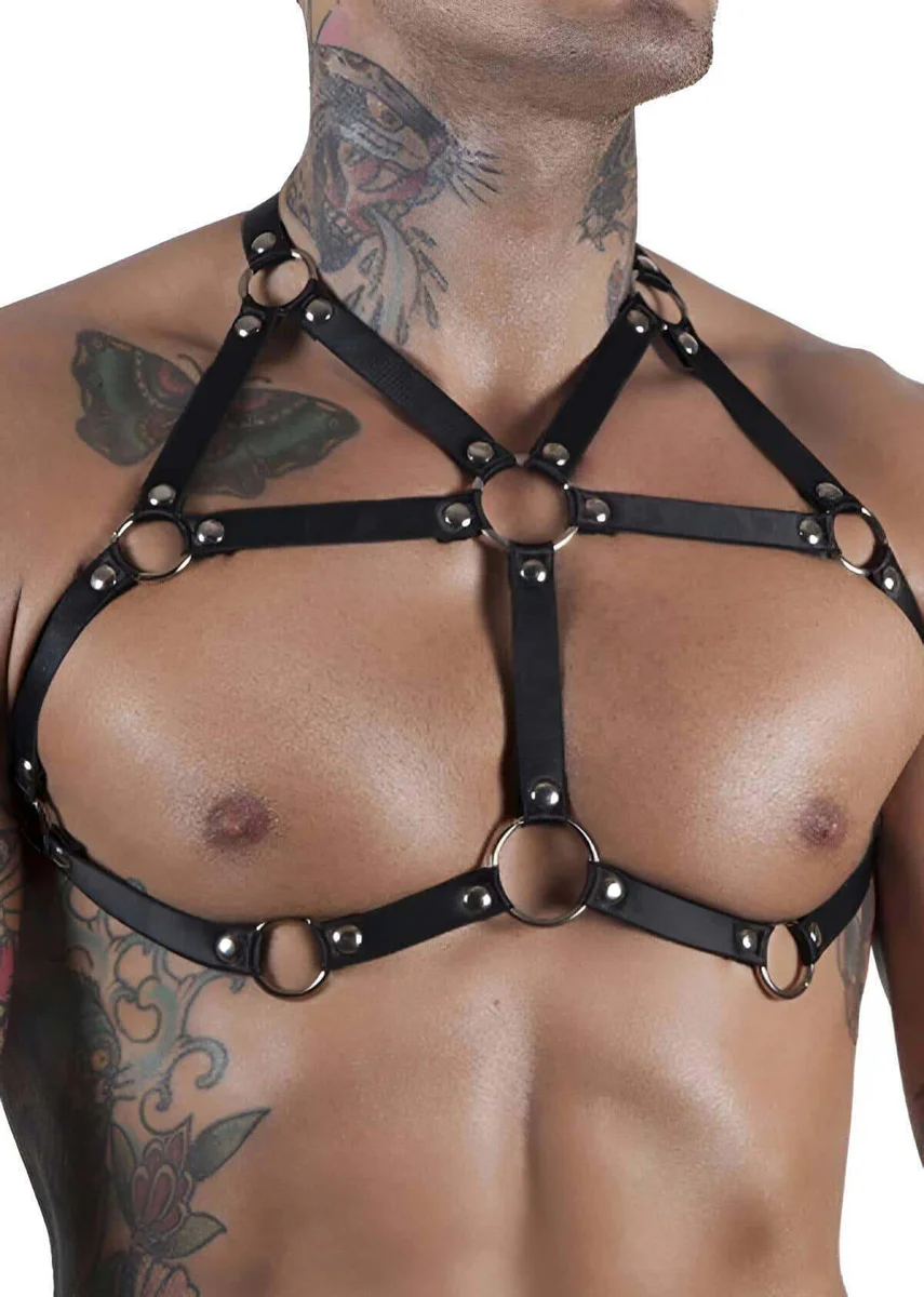 Black Vegan Leather Chest Harness Front View Silver Hardware