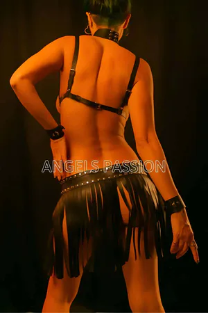Black Faux Leather Harness Bra Choker Fringe Skirt Set with Silver Studs