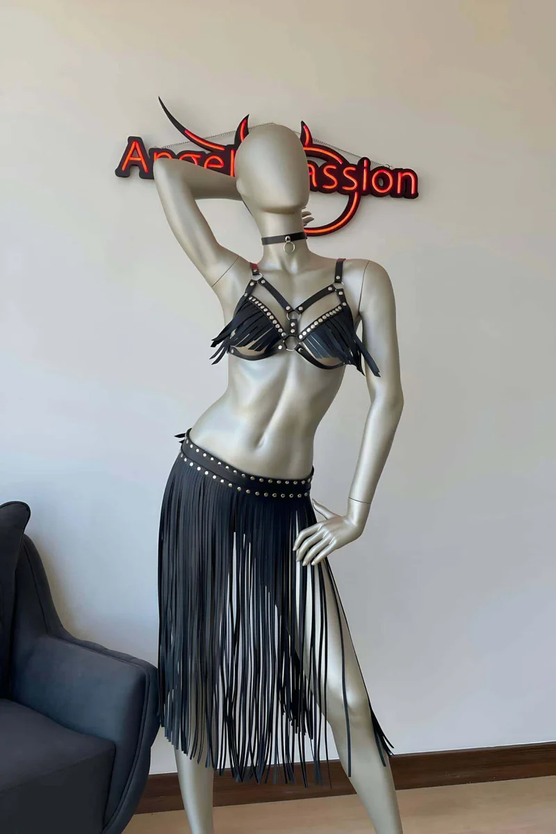 Black Vegan Leather Fringe Harness Bra with Silver