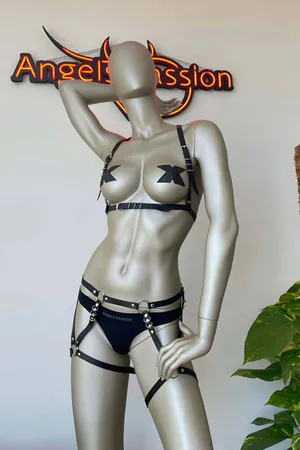 Black Faux Leather Harness Lingerie Set Women with Garter Straps