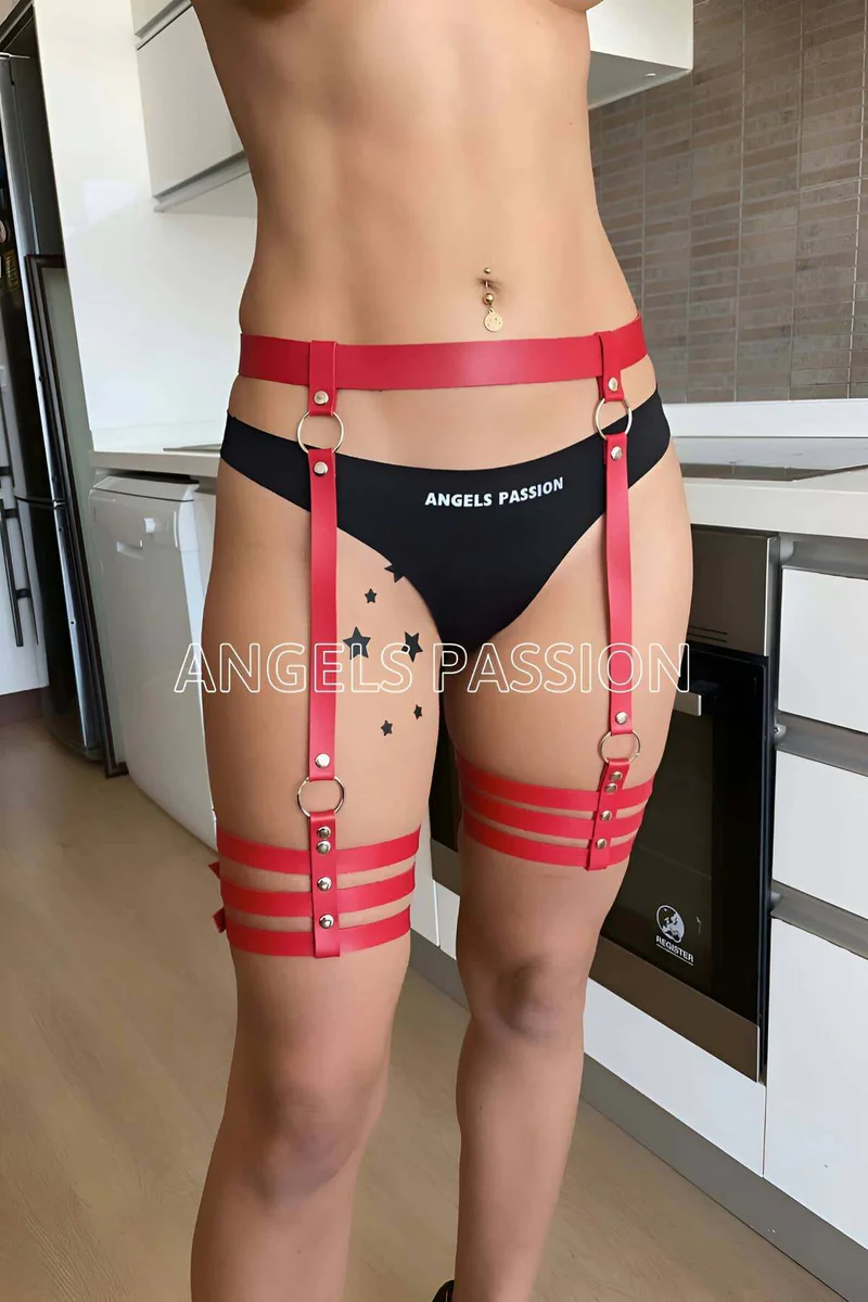 Red garter harness with thigh straps and silver rings adjustable fit
