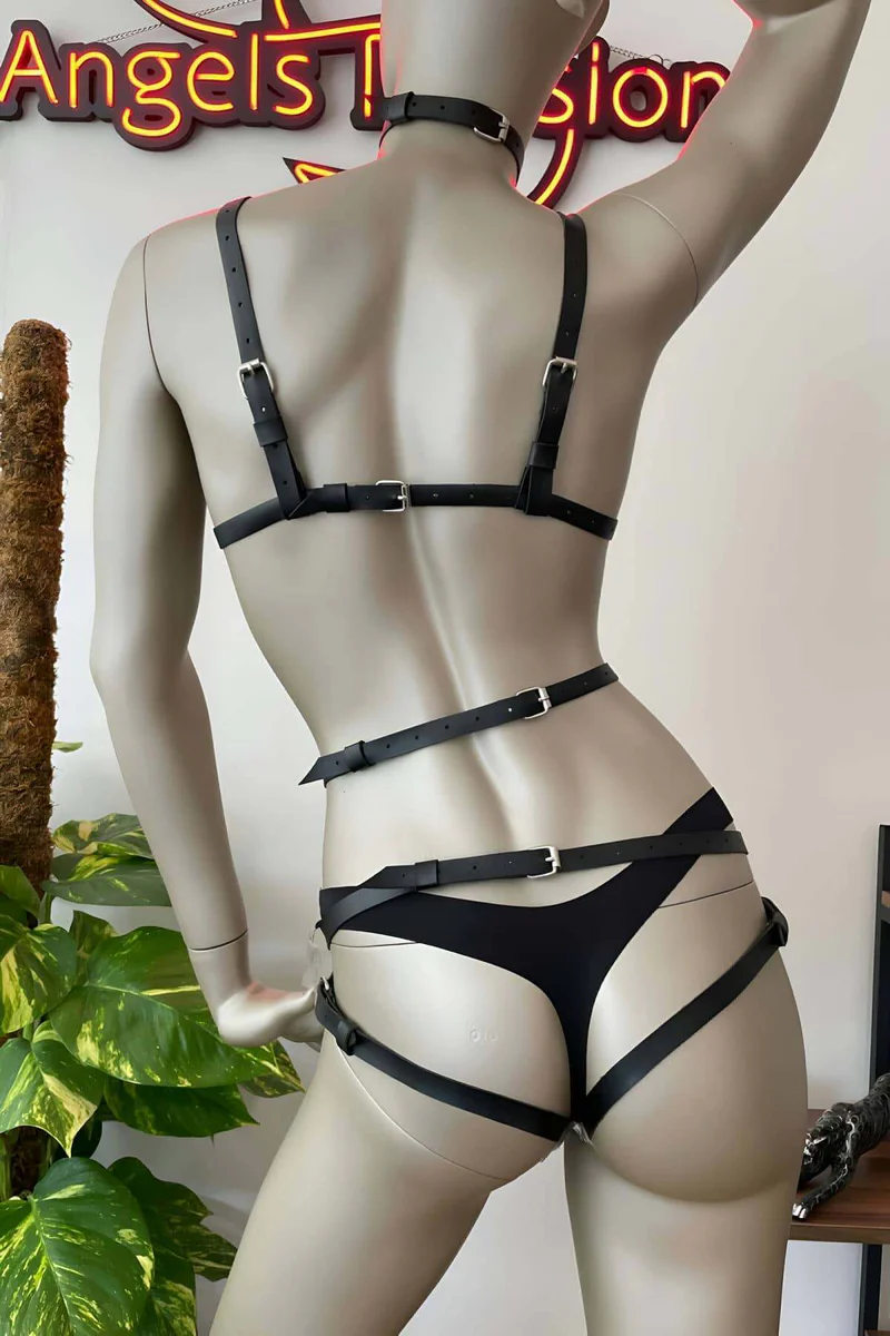 Black vegan leather harness lingerie set