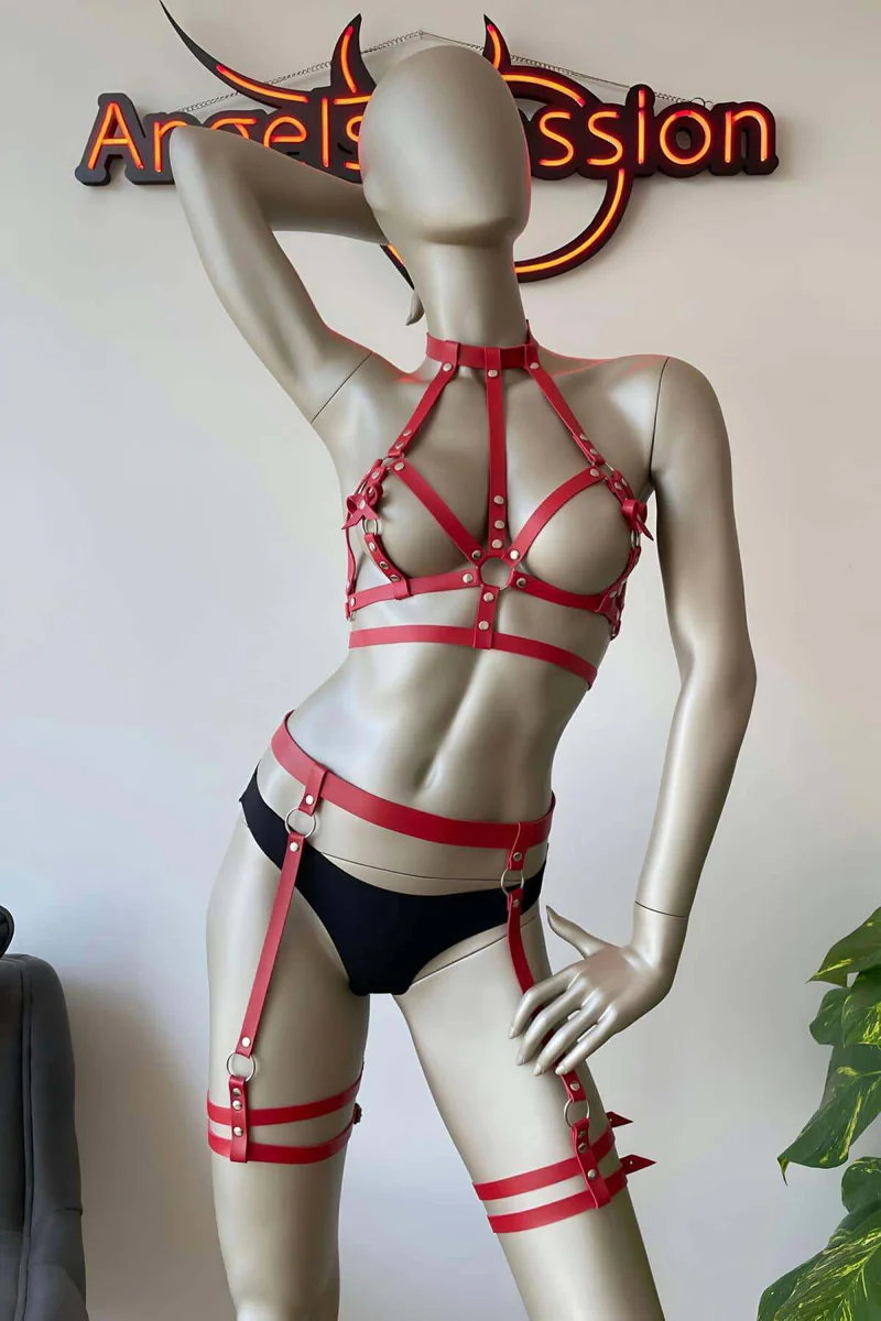 Back view of red faux leather body harness with adjustable waist straps