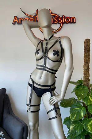 Black Faux Leather Full Body Cage Harness Set with Thigh Garters