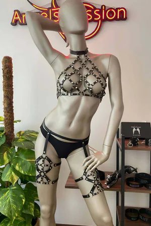 Black Faux Leather Studded Cage Halter Harness & Thigh Garters Set
