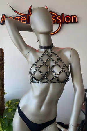 Black Faux Leather Cage Chest Harness with O-Ring Accents and Adjustable Choker
