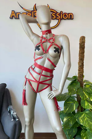 Red Faux Leather Body Harness with Choker Set featuring silver O-rings and adjustable straps