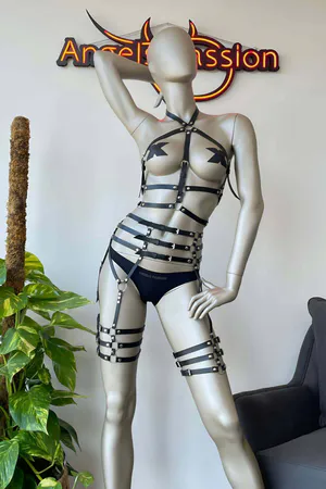 Black Faux Leather Full Body Harness with Garter Thigh Straps